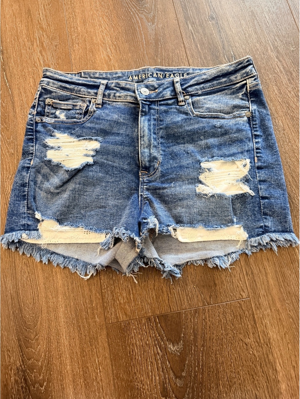 American Eagle Hi-Rise Denim Distressed Shorts; Embroidered Pockets; Size 12